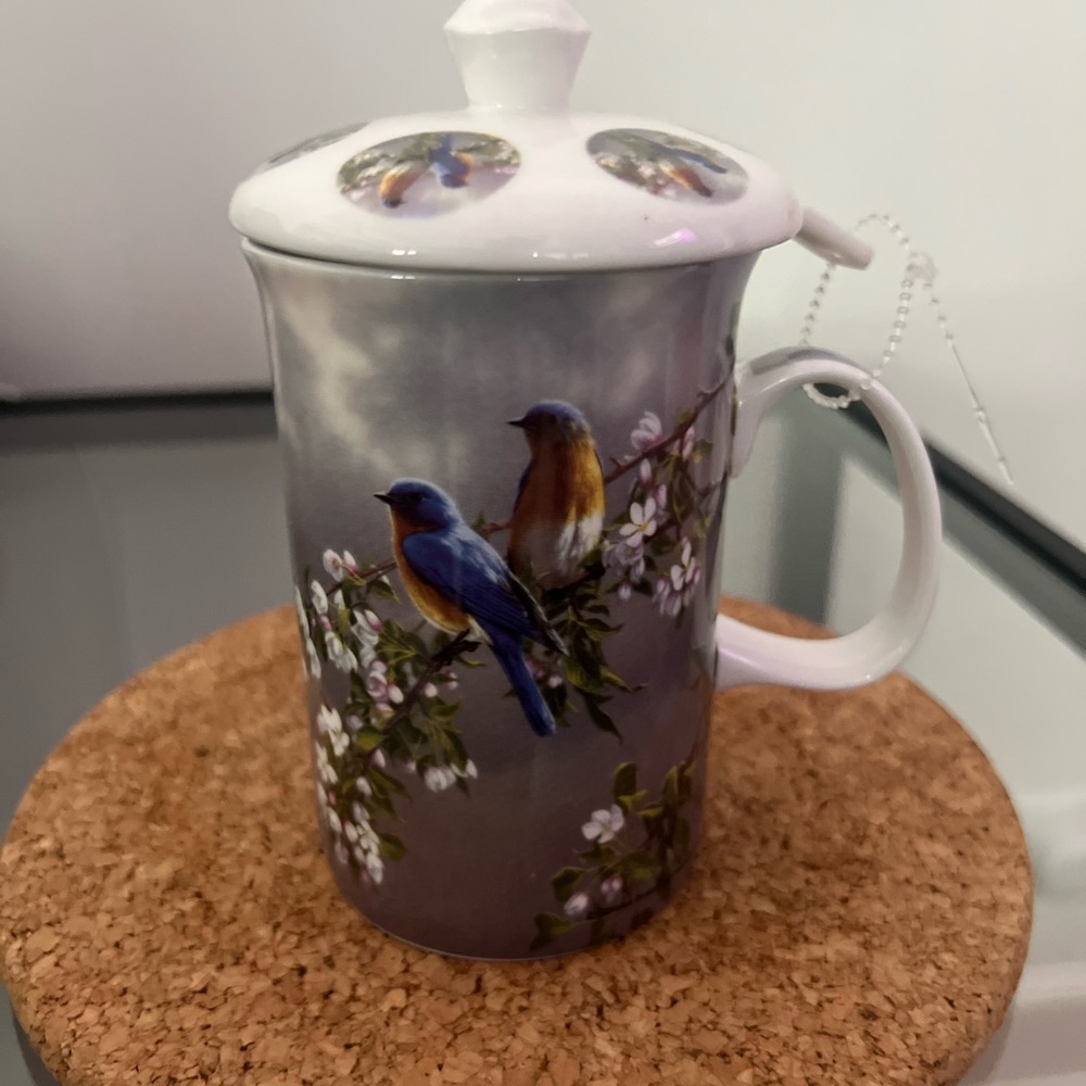 Ashdene Fine Bone China Tea Infuser Cup Lid birds  3pc Set